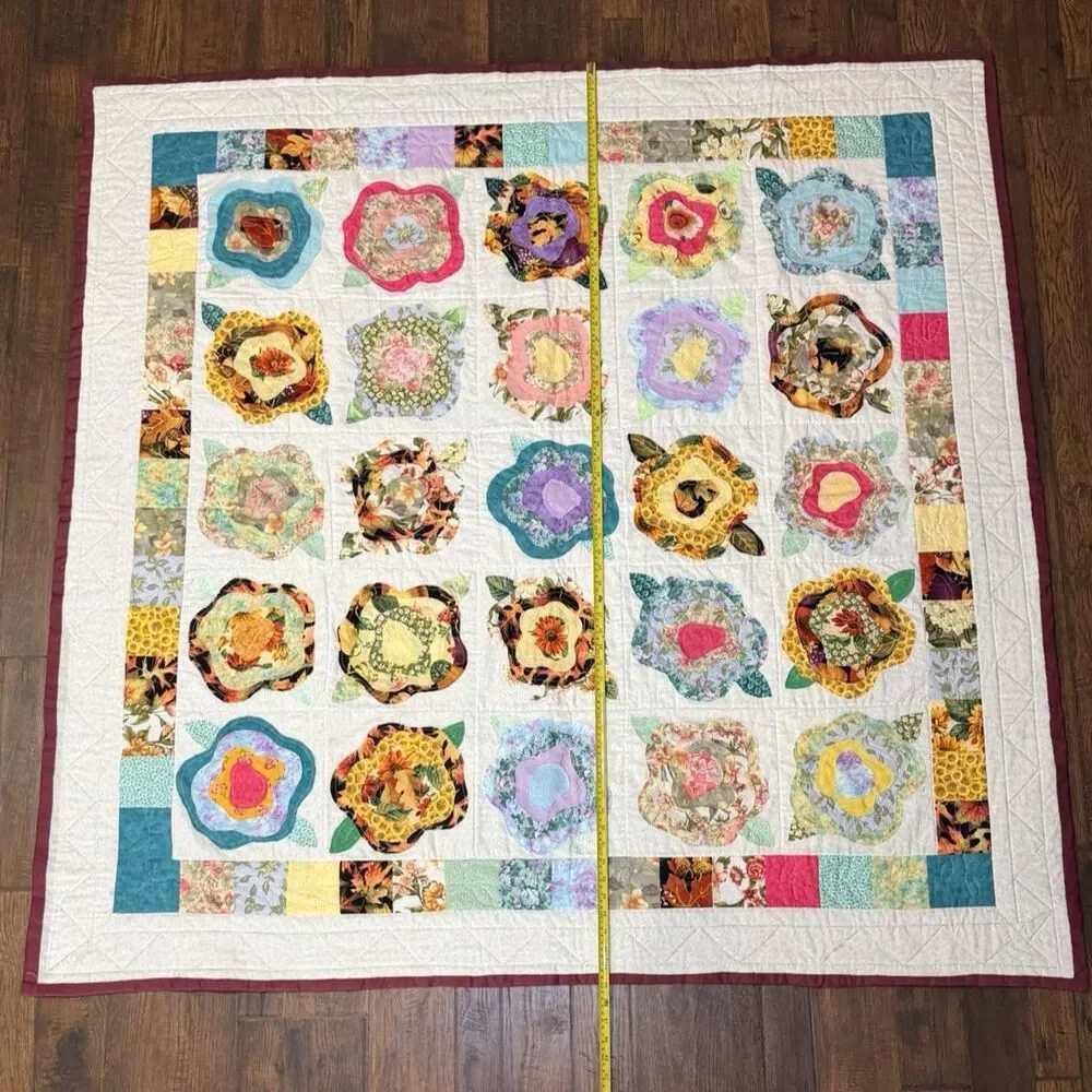 French Roses Quilt Blanket Handcrafted 59x59 Wall Hang Sleeve Raw Edge Applique